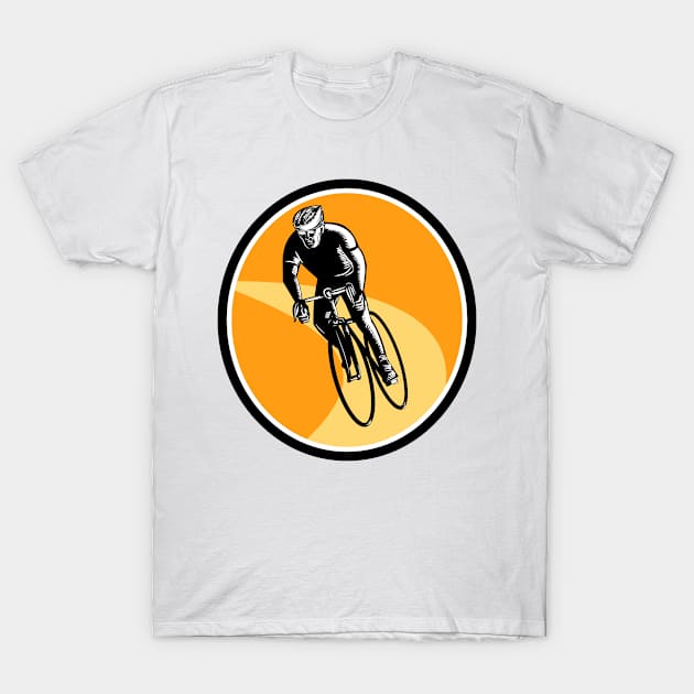 Cyclist Cycling Riding Racing Bike Woodcut T-Shirt by retrovectors